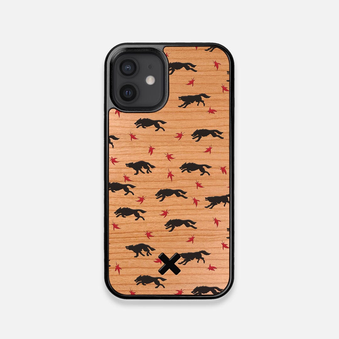 Front view of the unique pattern of wolves and Maple leaves printed on Cherry wood iPhone 12 Mini Case by Keyway Designs