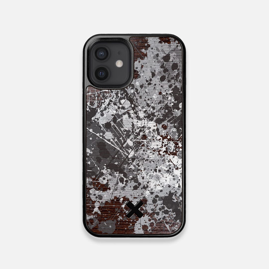 Front view of the aggressive, monochromatic splatter pattern overprintedprinted Wenge Wood iPhone 12 Mini Case by Keyway Designs
