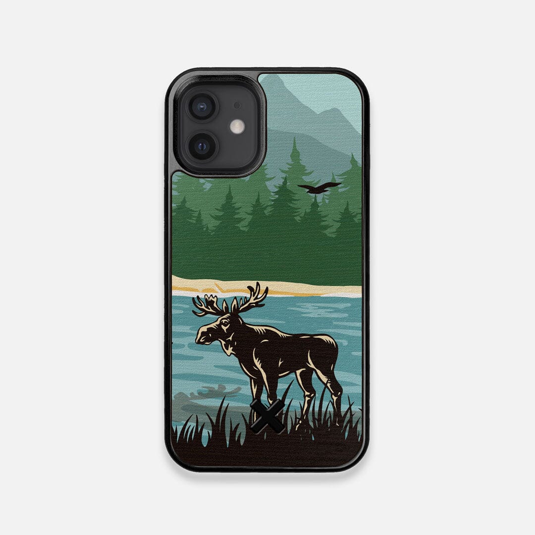 Front view of the stylized bull moose forest print on Wenge wood iPhone 12 Mini Case by Keyway Designs