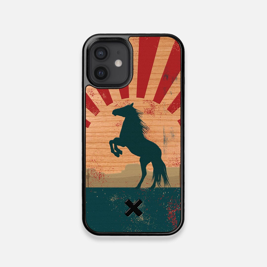 Front view of the epic mustang rearing up printed on Cherry wood iPhone 12 Mini Case by Keyway Designs