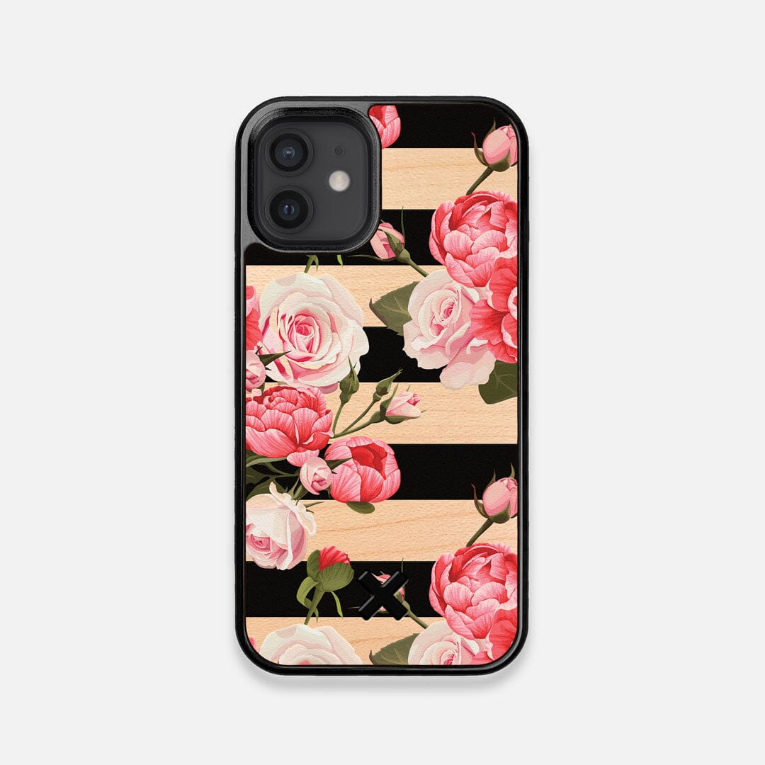 Front view of the artsy print of stripes with peonys and roses on Maple wood iPhone 12 Mini Case by Keyway Designs