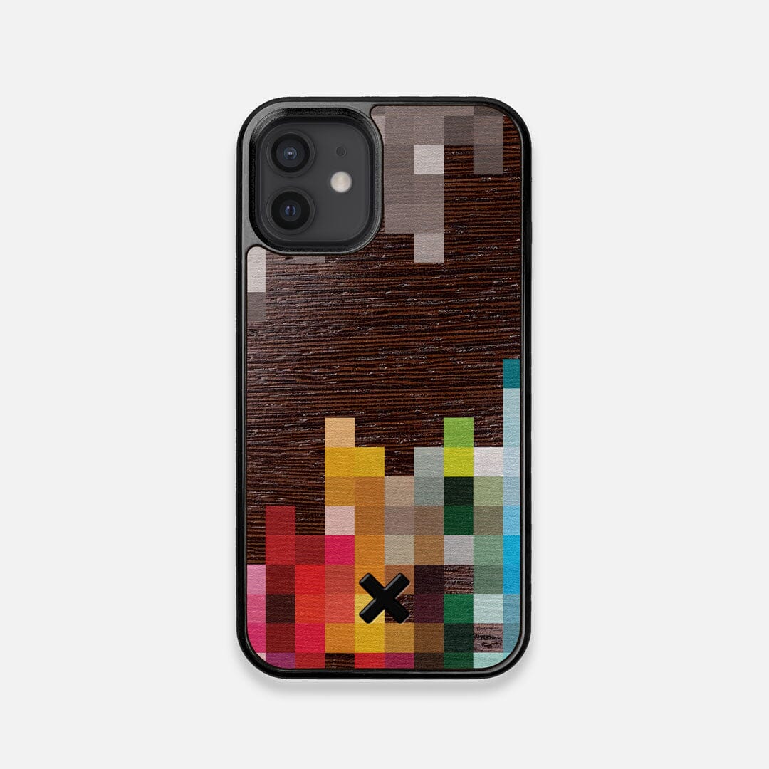 Front view of the digital art inspired pixelation design on Wenge wood iPhone 12 Mini Case by Keyway Designs