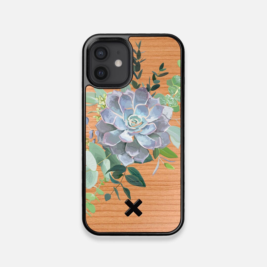 Front view of the print centering around a succulent, Echeveria Pollux on Cherry wood iPhone 12 Mini Case by Keyway Designs