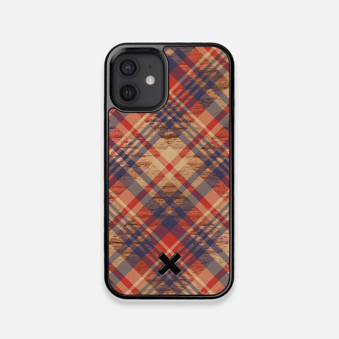 Front view of the Tartan print of beige, blue, and red on Walnut wood iPhone 12 Mini Case by Keyway Designs