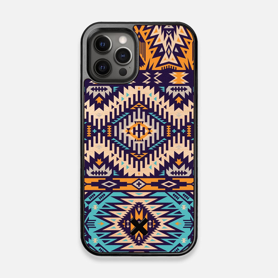 Front view of the vibrant Aztec printed Maple Wood iPhone 12/12 Pro Case by Keyway Designs