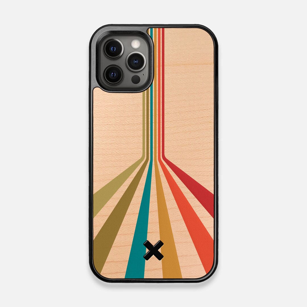 Front view of the array of colour beams splitting across the case printed on Maple wood iPhone 12/12 Pro Case by Keyway Designs