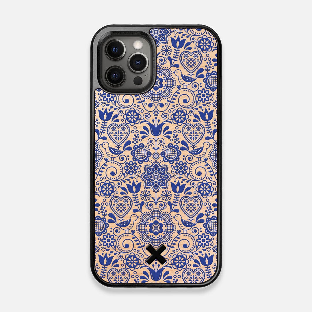 Front view of the blue floral pattern on maple wood iPhone 12/12 Pro Case by Keyway Designs