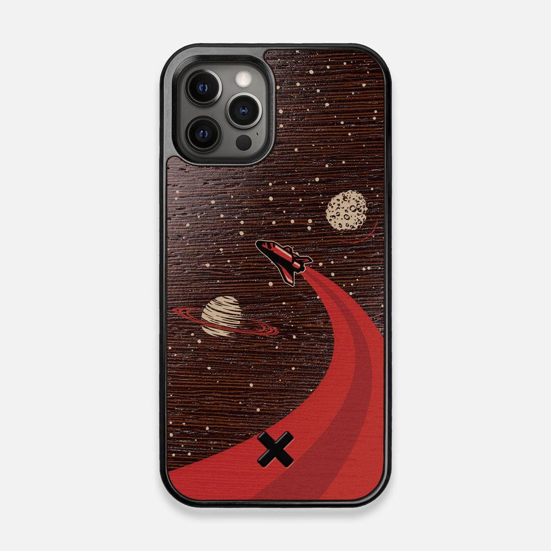 Front view of the stylized space shuttle boosting to saturn printed on Wenge wood iPhone 12/12 Pro Case by Keyway Designs