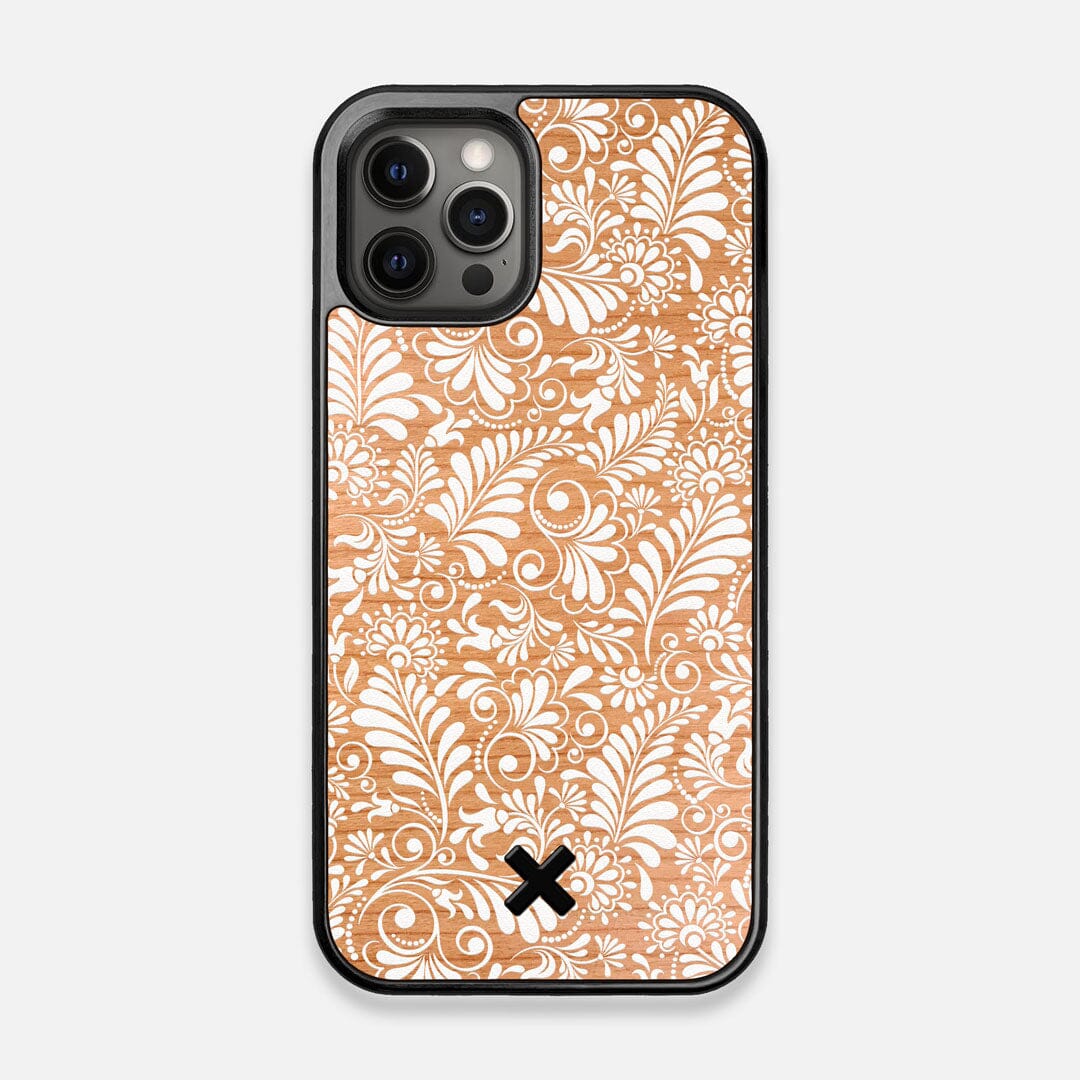 Front view of the white ink flowing botanical print on Cherry wood iPhone 12/12 Pro Case by Keyway Designs