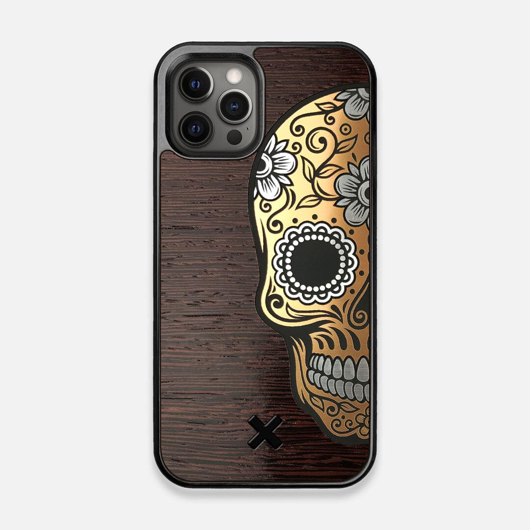 Front view of the Calavera Wood Sugar Skull Wood iPhone 12/12 Pro Case by Keyway Designs