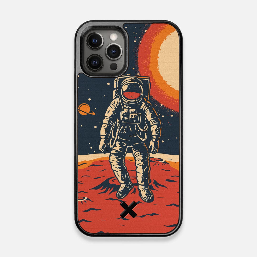 Front view of the stylized astronaut space-walk print on Cherry wood iPhone 12/12 Pro Case by Keyway Designs