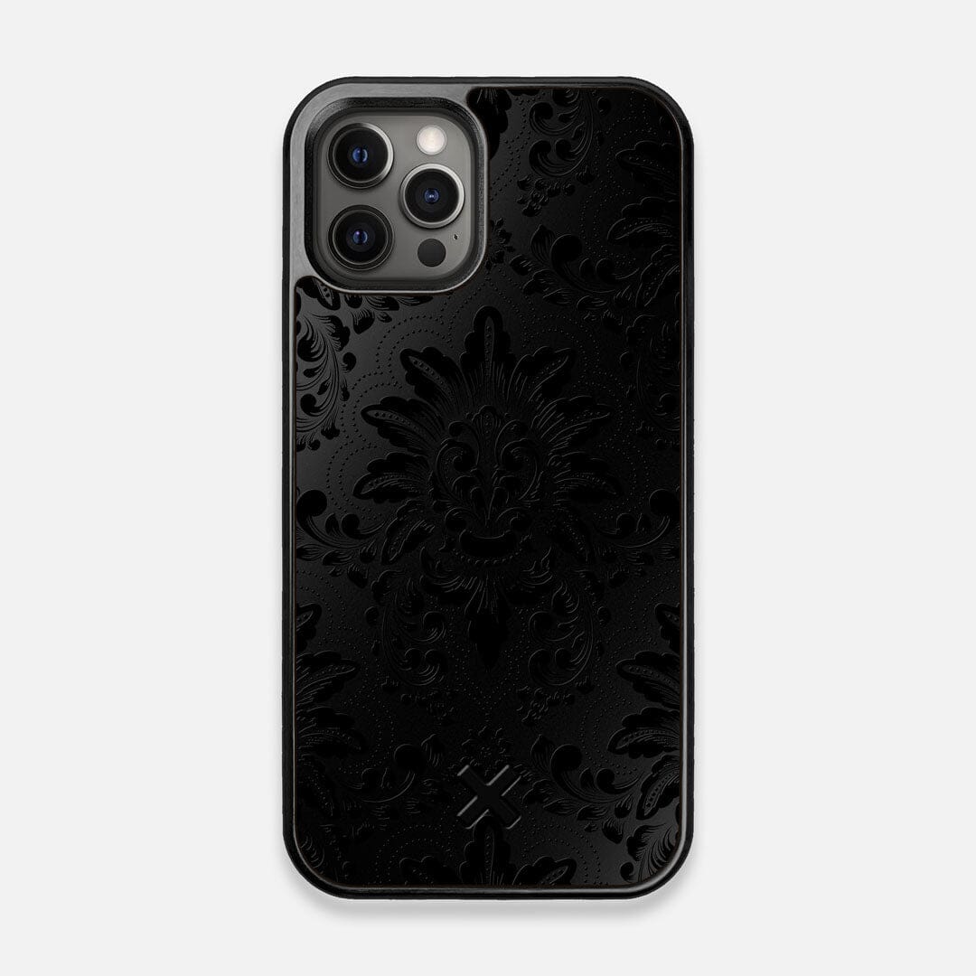 Front view of the detailed gloss Damask pattern printed on matte black impact acrylic iPhone 12/12 Pro Case by Keyway Designs