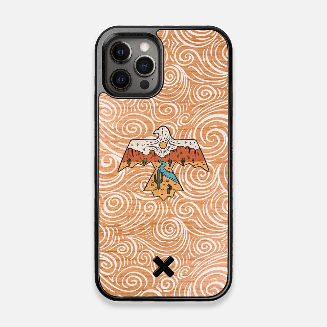 Front view of the double-exposure style eagle over flowing gusts of wind printed on Cherry wood iPhone 12/12 Pro Case by Keyway Designs