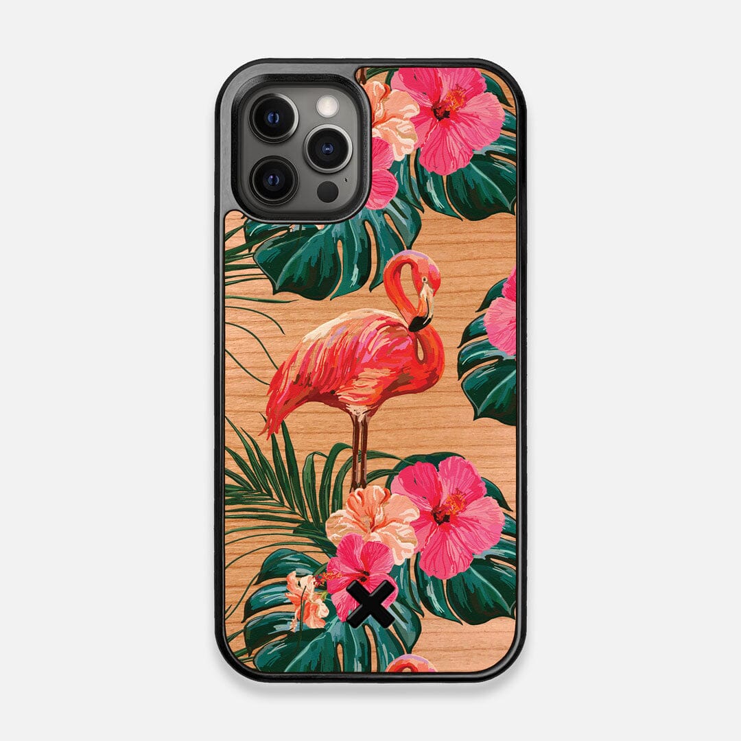 Front view of the Flamingo & Floral printed Cherry Wood iPhone 12/12 Pro Case by Keyway Designs