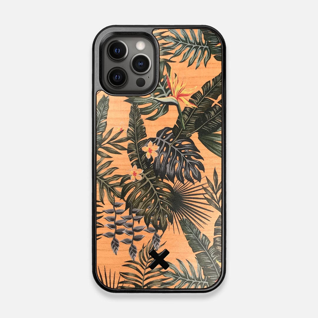 Front view of the Floral tropical leaf printed Cherry Wood iPhone 12/12 Pro Case by Keyway Designs