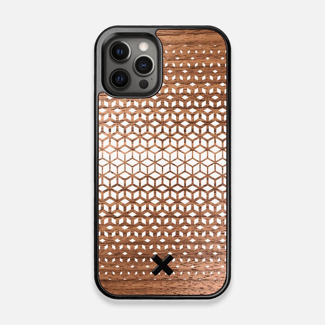 Front view of the white ink geometric gradient printed on Walnut wood iPhone 12/12 Pro Case by Keyway Designs