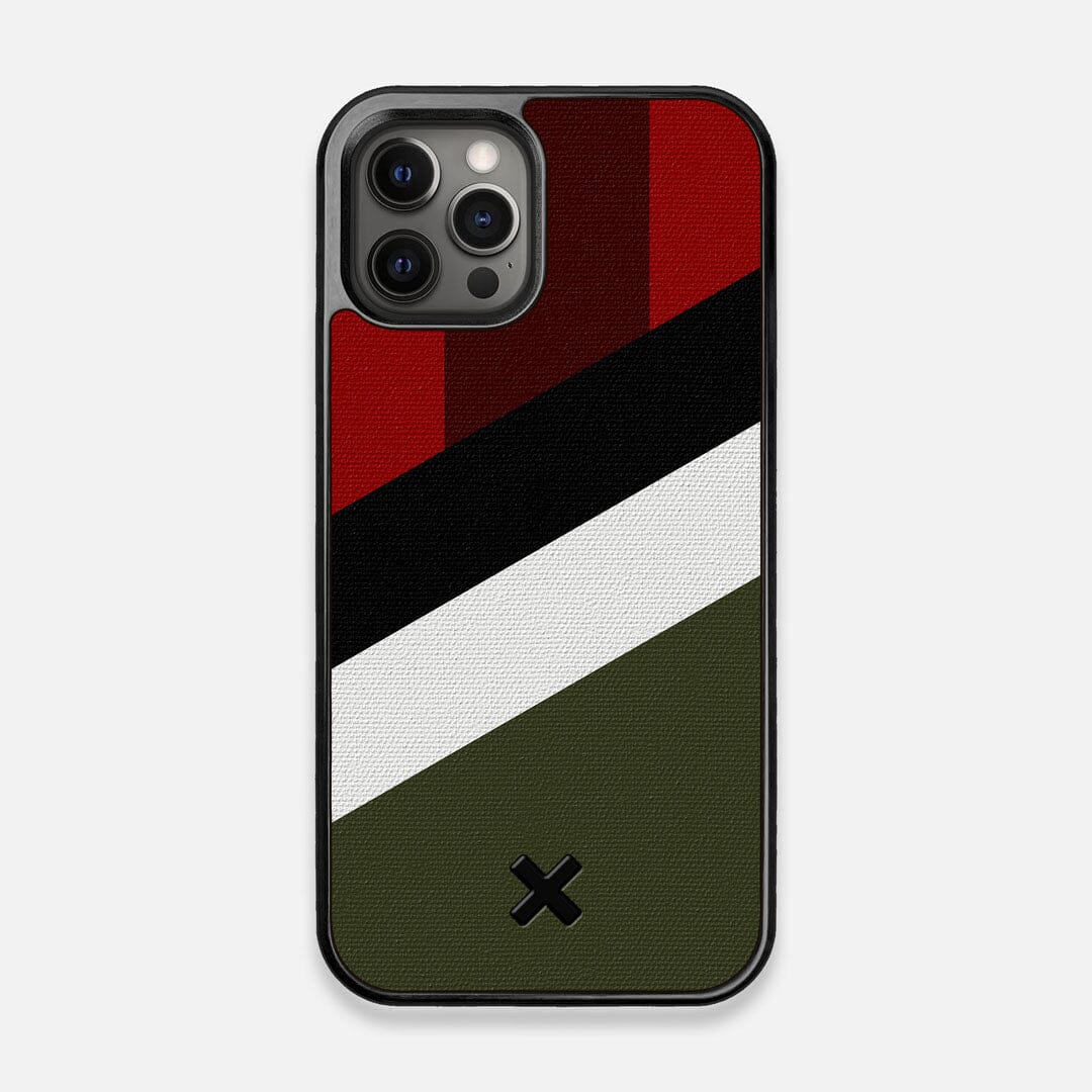 Front view of the Highland Adventure Marker in the Wayfinder series UV-Printed thick cotton canvas iPhone 12/12 Pro Case by Keyway Designs