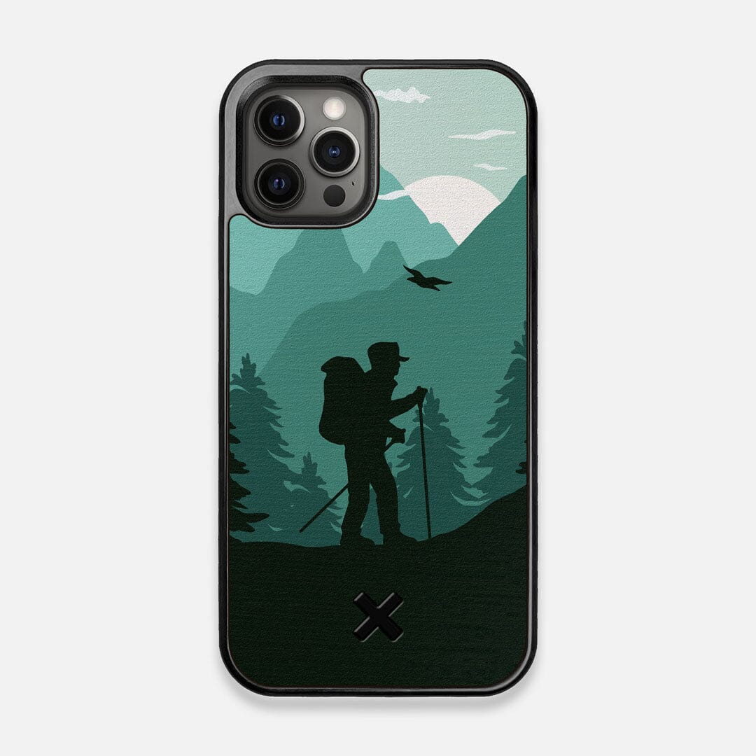 Front view of the stylized mountain hiker print on Wenge wood iPhone 12/12 Pro Case by Keyway Designs