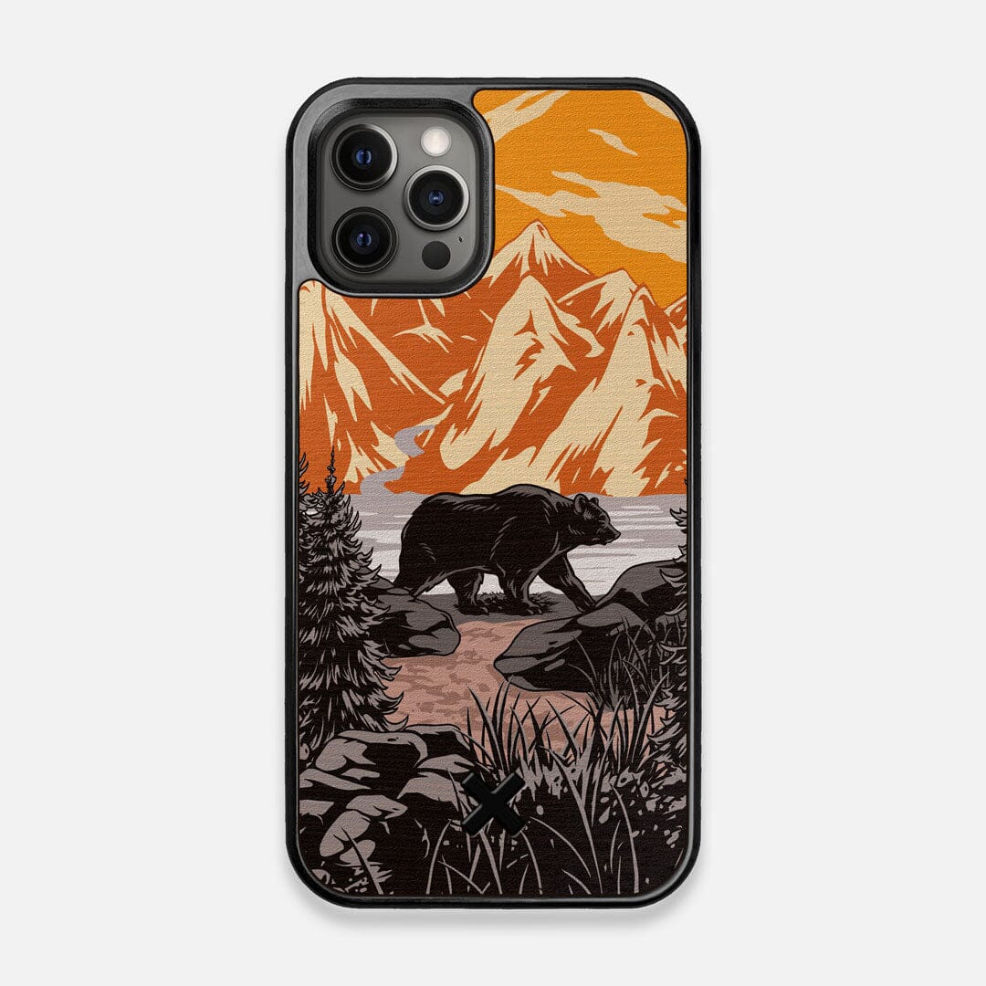 Front view of the stylized Kodiak bear in the mountains print on Wenge wood iPhone 12/12 Pro Case by Keyway Designs