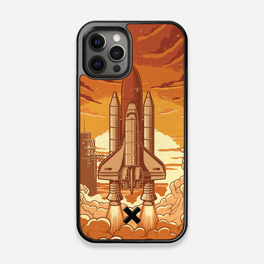Front view of the vibrant stylized space shuttle launch print on Wenge wood iPhone 12/12 Pro Case by Keyway Designs