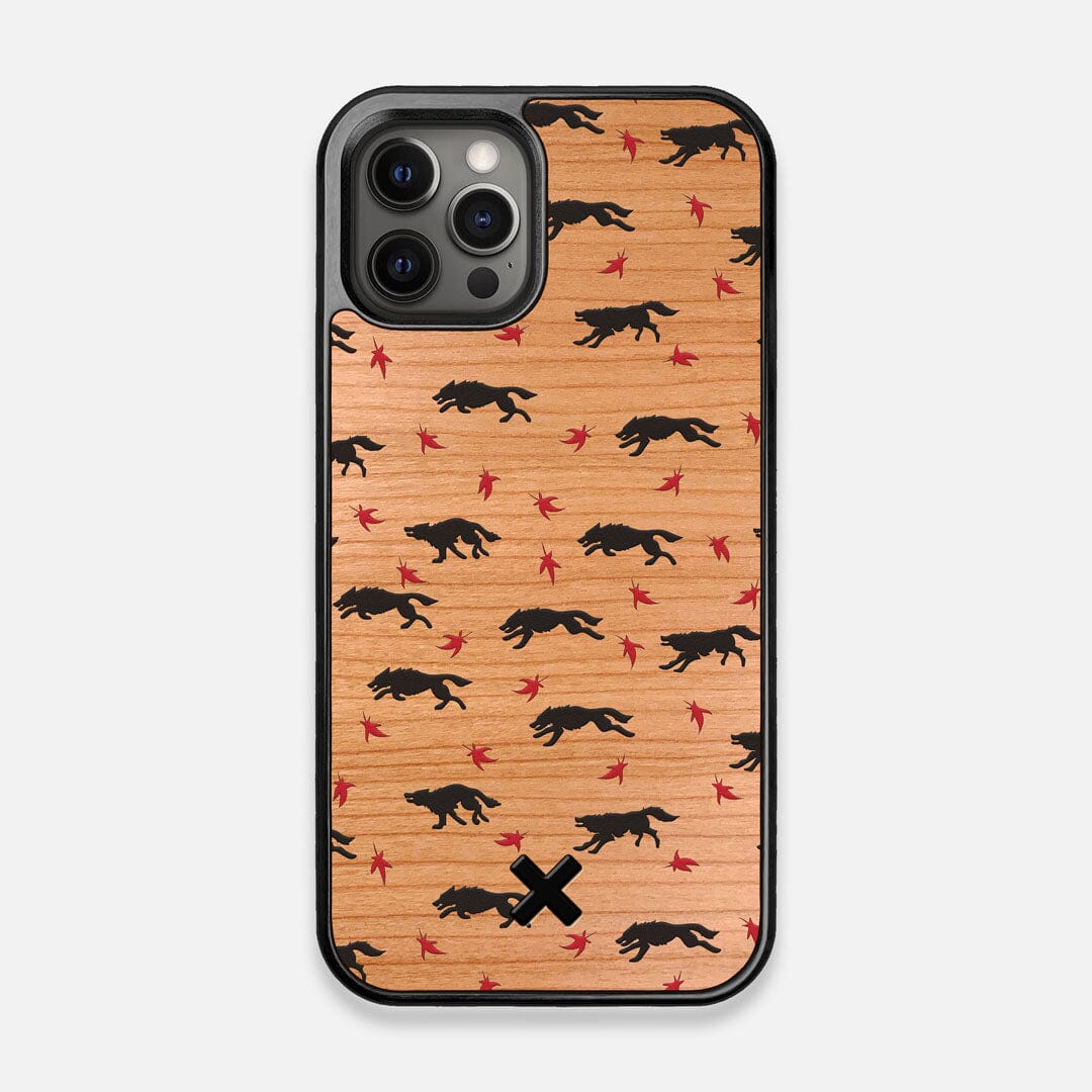 Front view of the unique pattern of wolves and Maple leaves printed on Cherry wood iPhone 12/12 Pro Case by Keyway Designs