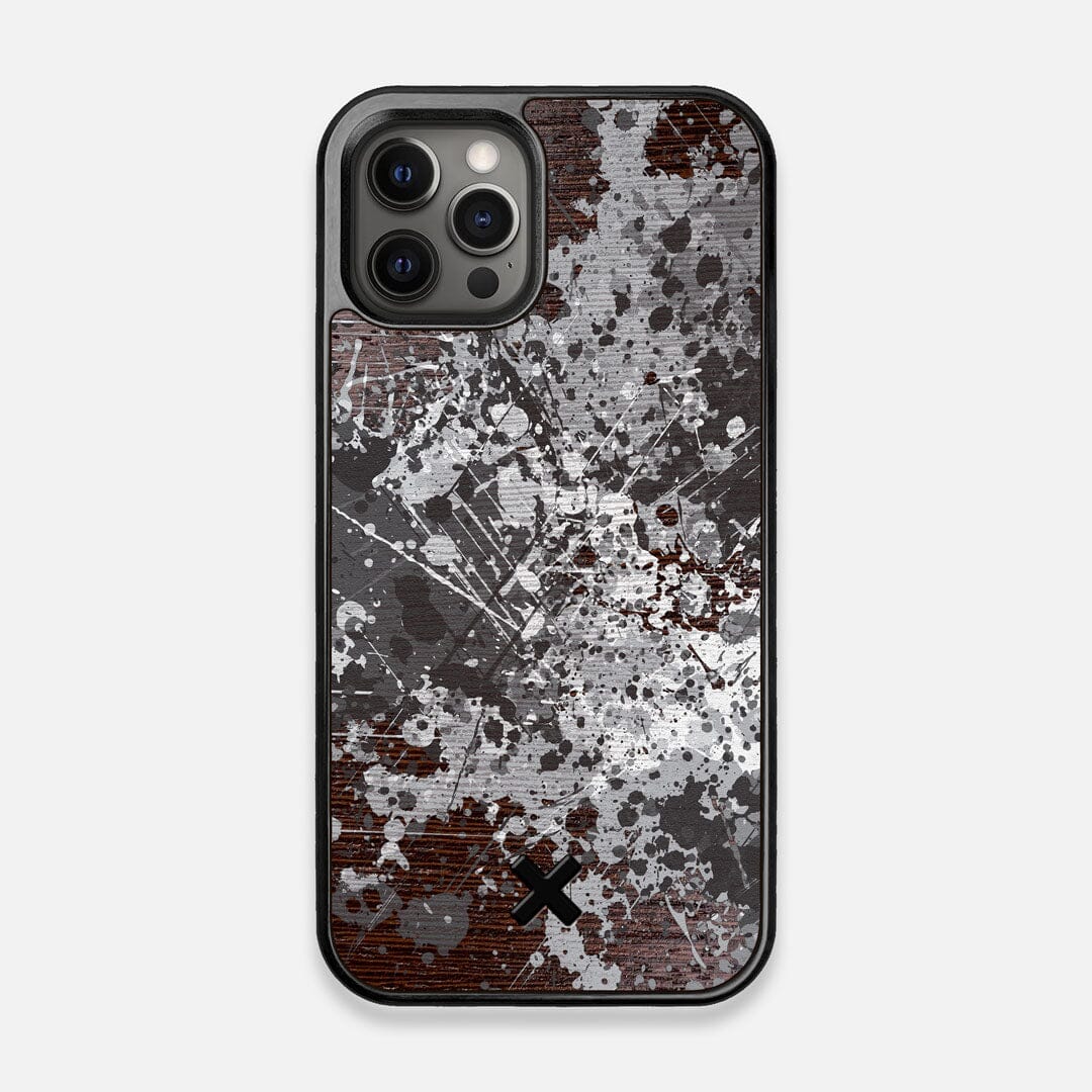 Front view of the aggressive, monochromatic splatter pattern overprintedprinted Wenge Wood iPhone 12/12 Pro Case by Keyway Designs