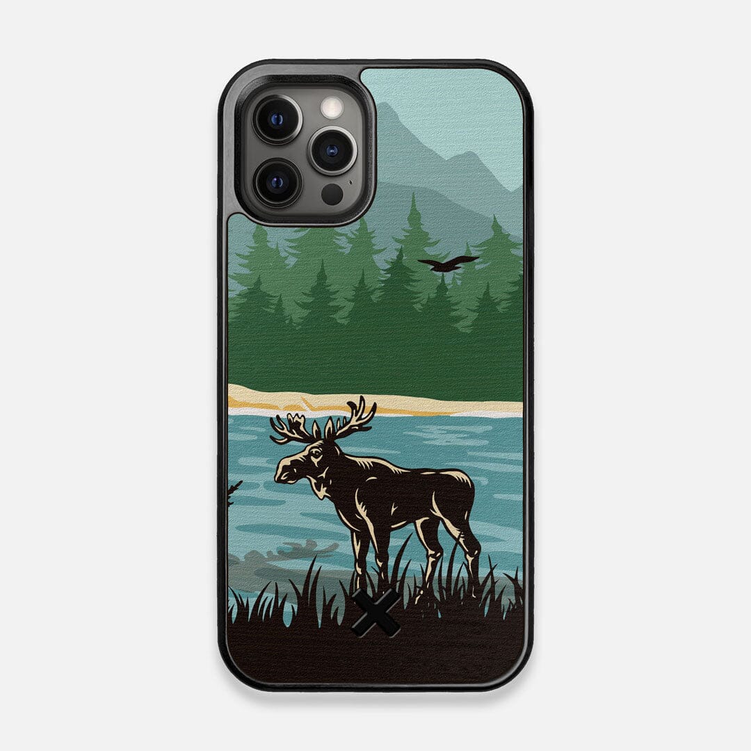 Front view of the stylized bull moose forest print on Wenge wood iPhone 12/12 Pro Case by Keyway Designs