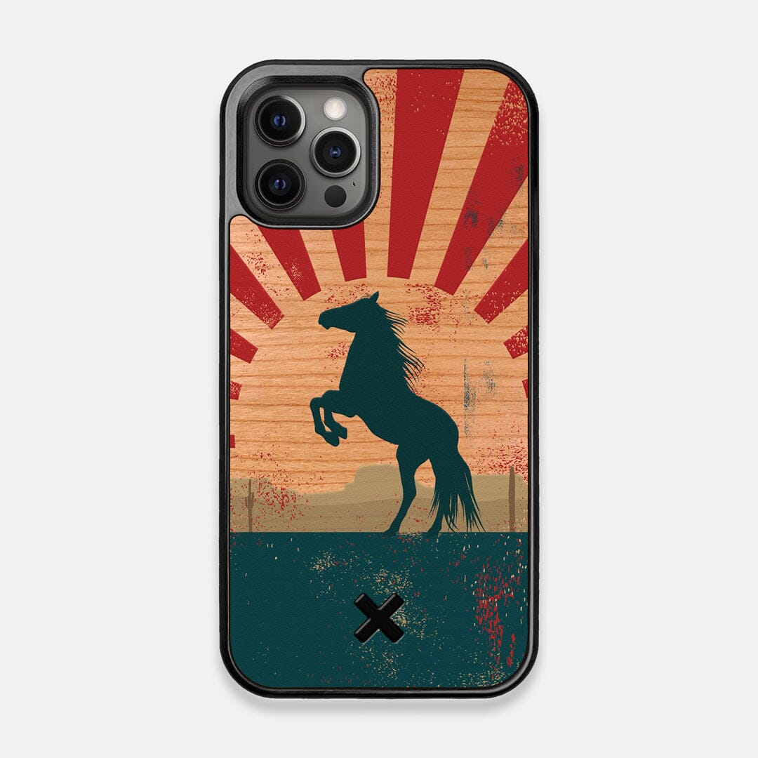Front view of the epic mustang rearing up printed on Cherry wood iPhone 12/12 Pro Case by Keyway Designs