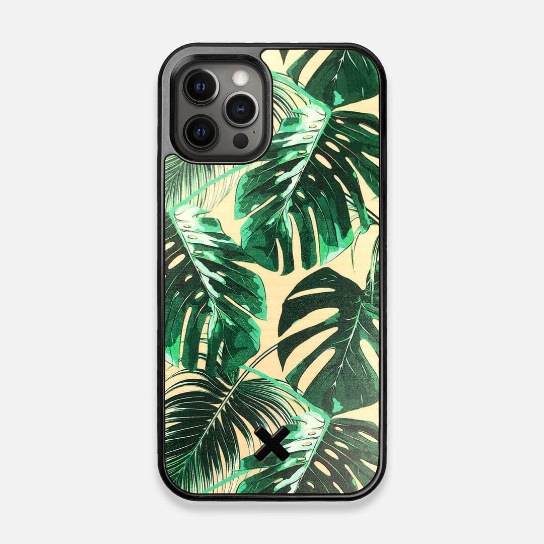 Front view of the Palm leaf printed Maple Wood iPhone 12/12 Pro Case by Keyway Designs