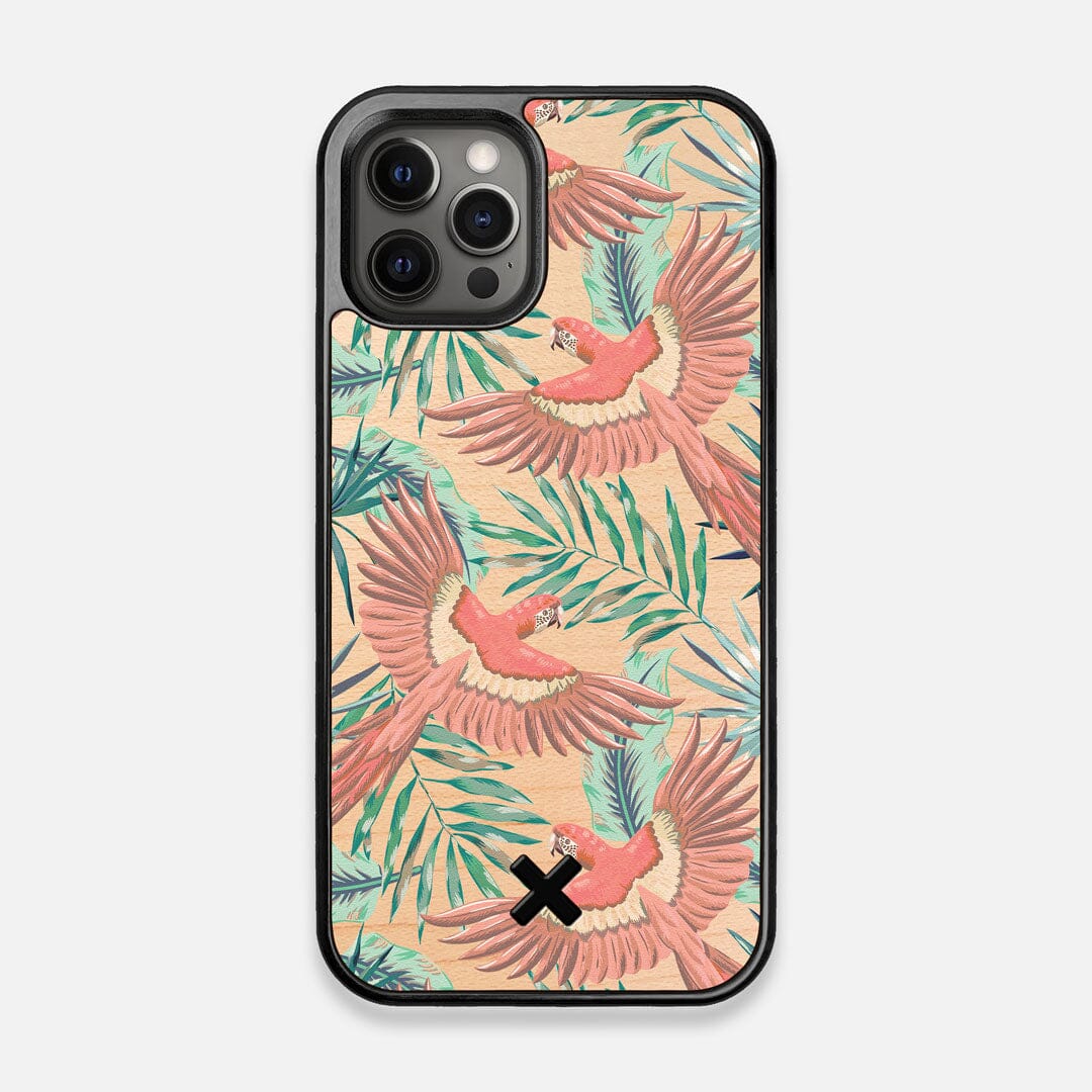 Front view of the Paradise Macaw and Tropical Leaf printed Maple Wood iPhone 12/12 Pro Case by Keyway Designs