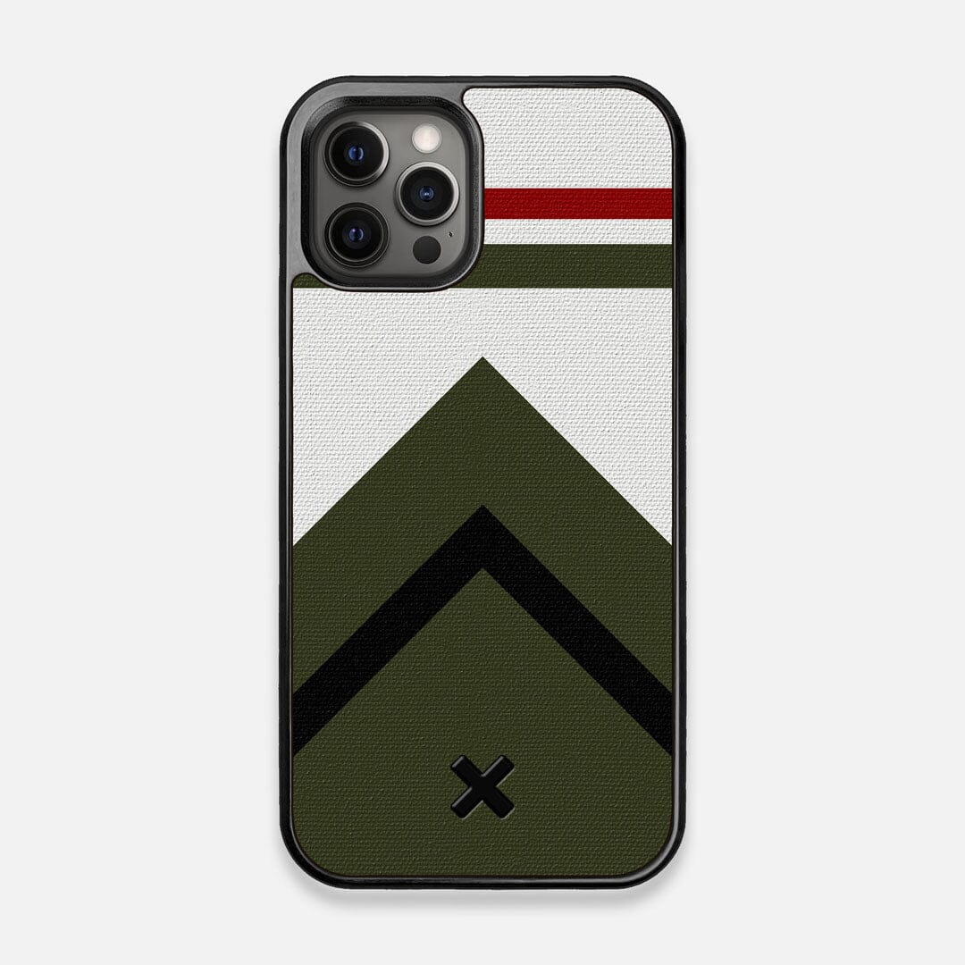 Front view of the Peak Adventure Marker in the Wayfinder series UV-Printed thick cotton canvas iPhone 12/12 Pro Case by Keyway Designs