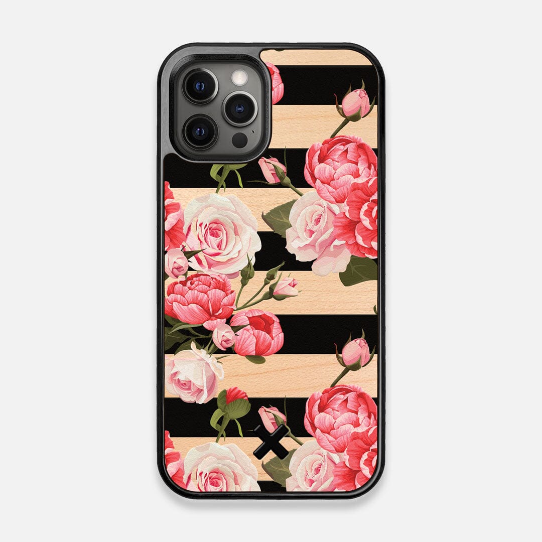 Front view of the artsy print of stripes with peonys and roses on Maple wood iPhone 12/12 Pro Case by Keyway Designs