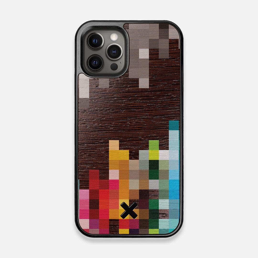 Front view of the digital art inspired pixelation design on Wenge wood iPhone 12/12 Pro Case by Keyway Designs