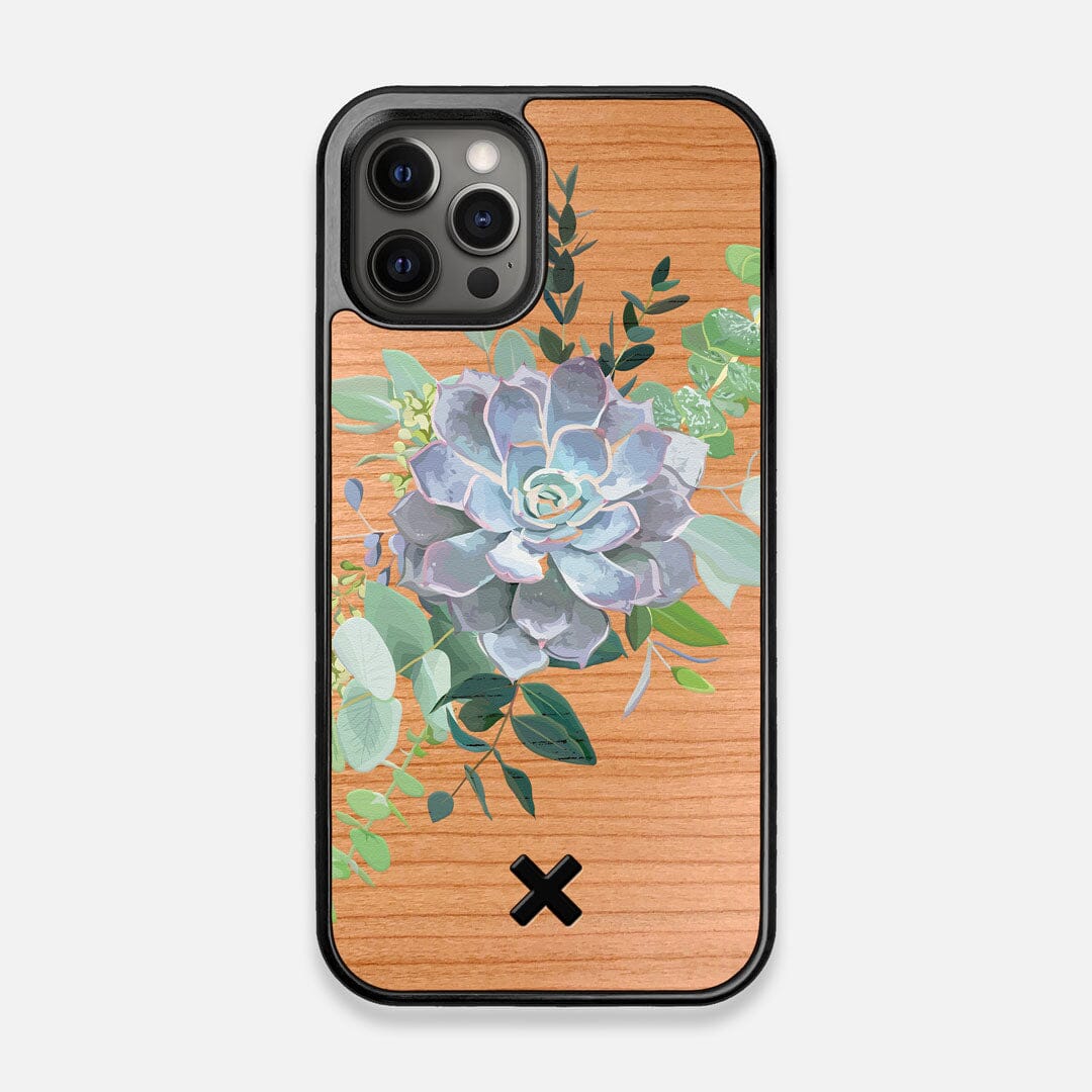 Front view of the print centering around a succulent, Echeveria Pollux on Cherry wood iPhone 12/12 Pro Case by Keyway Designs