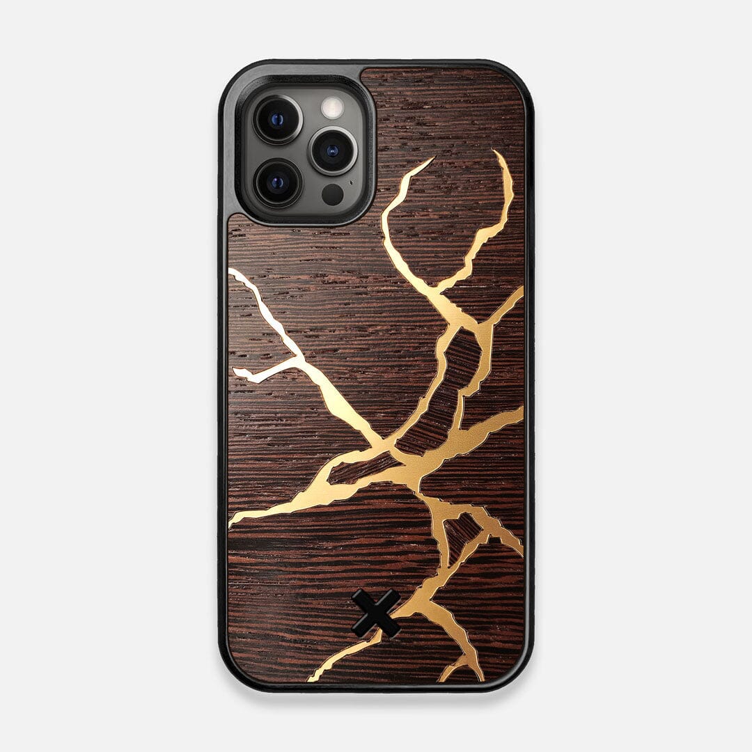 Front view of the Kintsugi inspired Gold and Wenge Wood iPhone 12/12 Pro Case by Keyway Designs