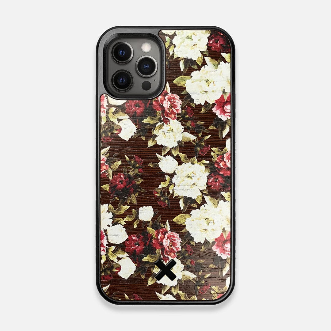 Front view of the Rose white and red rose printed Wenge Wood iPhone 12/12 Pro Case by Keyway Designs