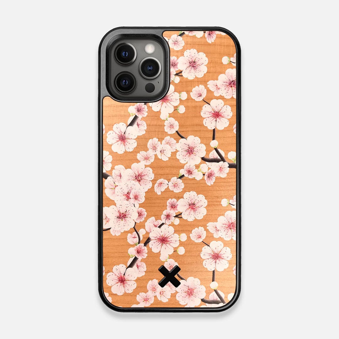 Front view of the Sakura Printed Cherry-blossom Cherry Wood iPhone 12/12 Pro Case by Keyway Designs