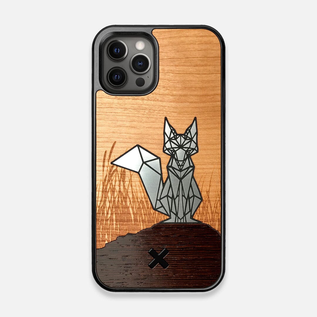 Front view of the Silver Fox & Cherry Wood iPhone 12/12 Pro Case by Keyway Designs