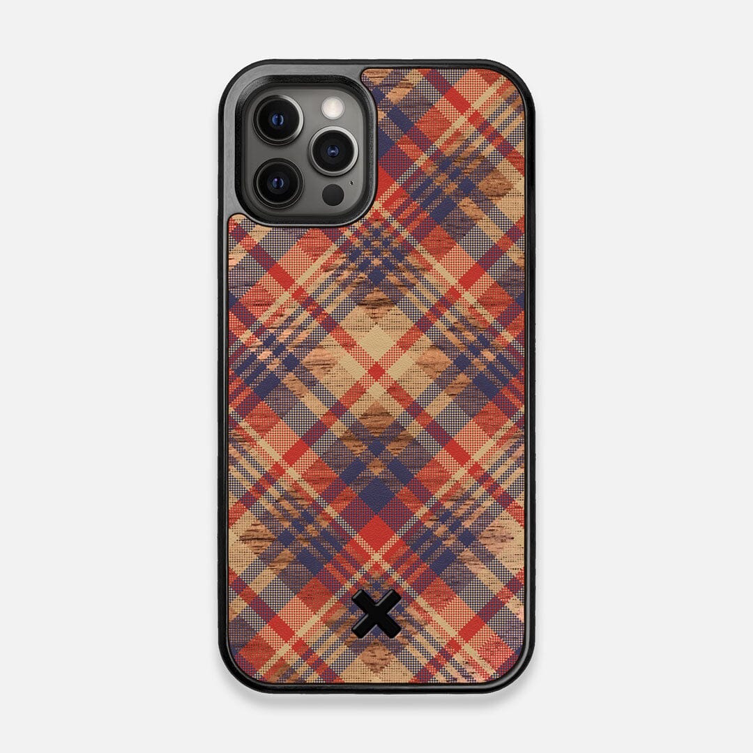 Front view of the Tartan print of beige, blue, and red on Walnut wood iPhone 12/12 Pro Case by Keyway Designs