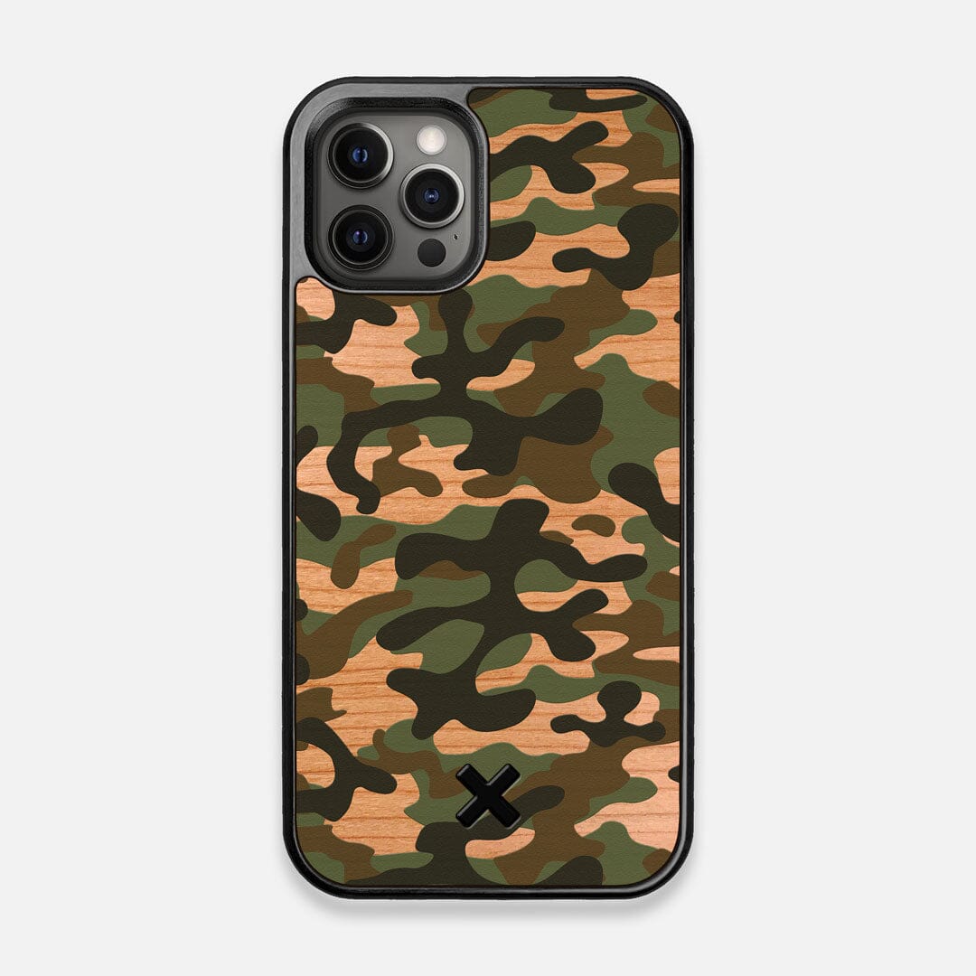Front view of the stealth Paratrooper camo printed Wenge Wood iPhone 12/12 Pro Case by Keyway Designs