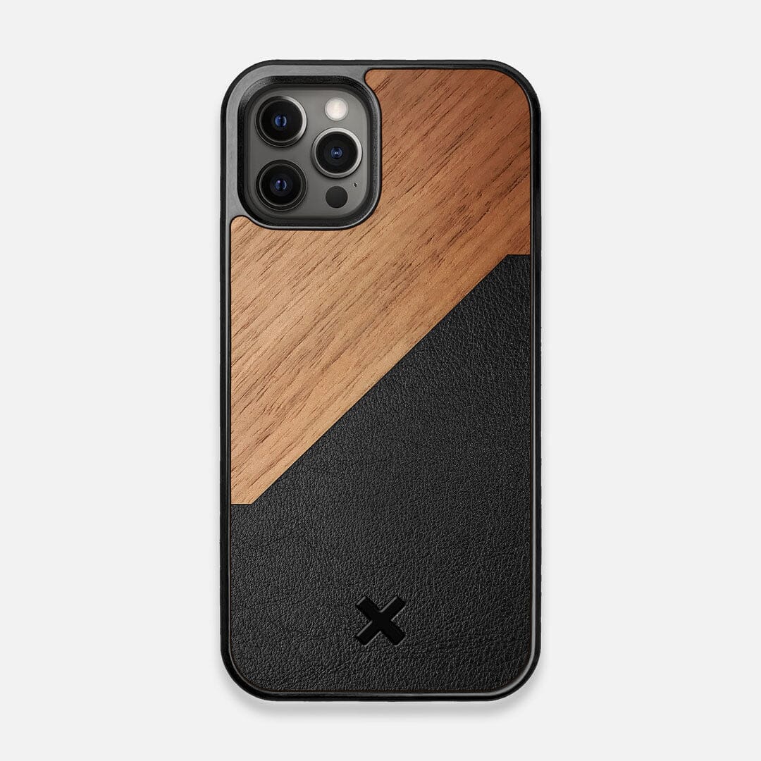 Front view of the Walnut Rift Elegant Wood & Leather iPhone 12/12 Pro Case by Keyway Designs