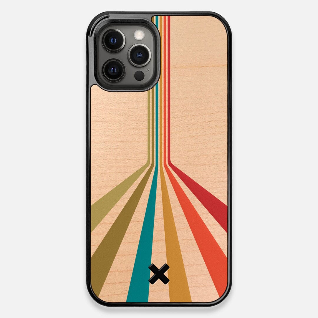 Front view of the array of colour beams splitting across the case printed on Maple wood iPhone 12 Pro Max Case by Keyway Designs