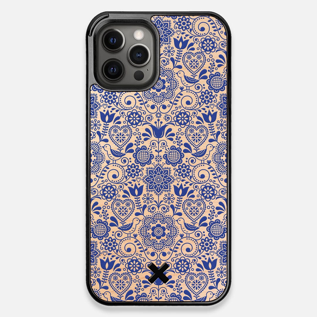 Front view of the blue floral pattern on maple wood iPhone 12 Pro Max Case by Keyway Designs