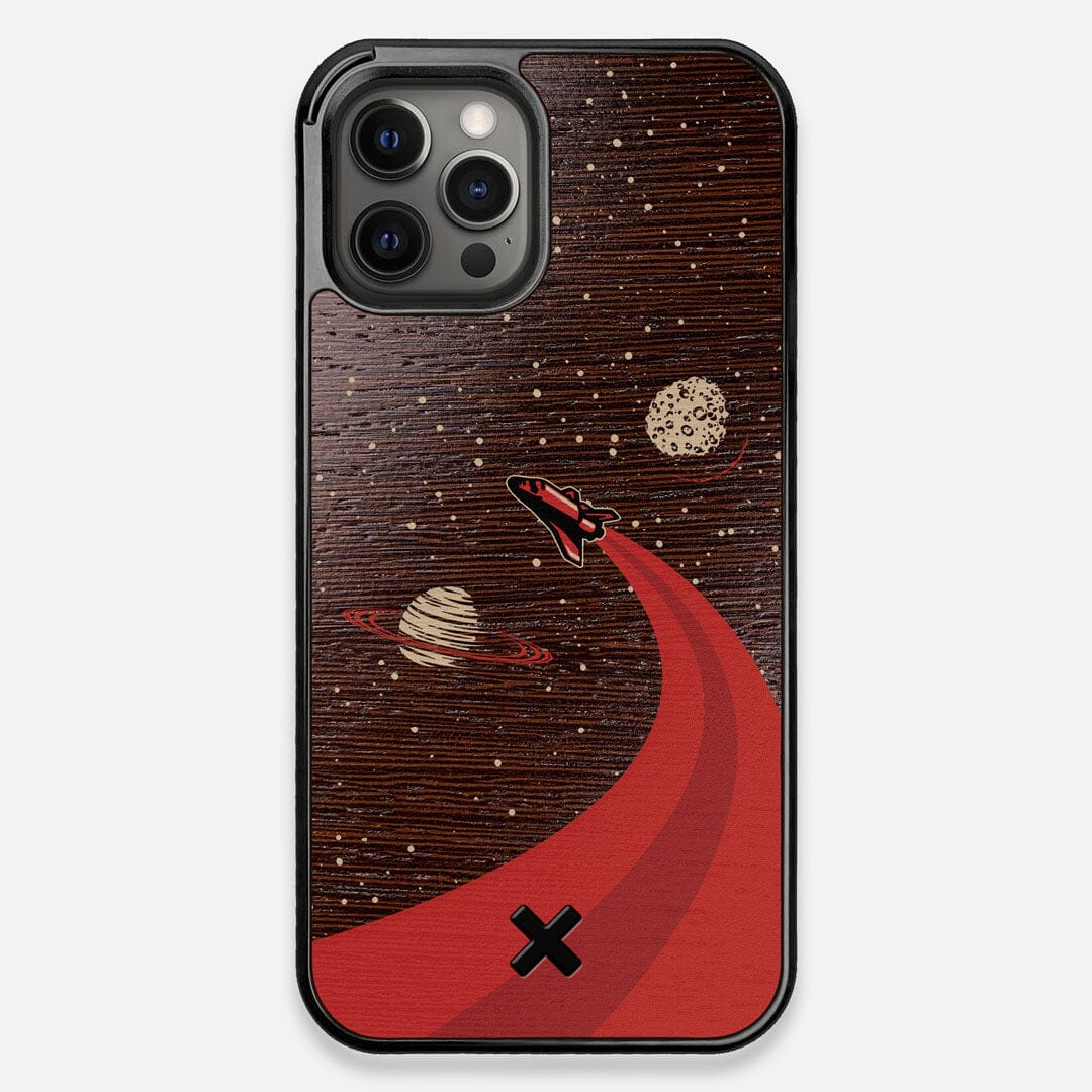 Front view of the stylized space shuttle boosting to saturn printed on Wenge wood iPhone 12 Pro Max Case by Keyway Designs