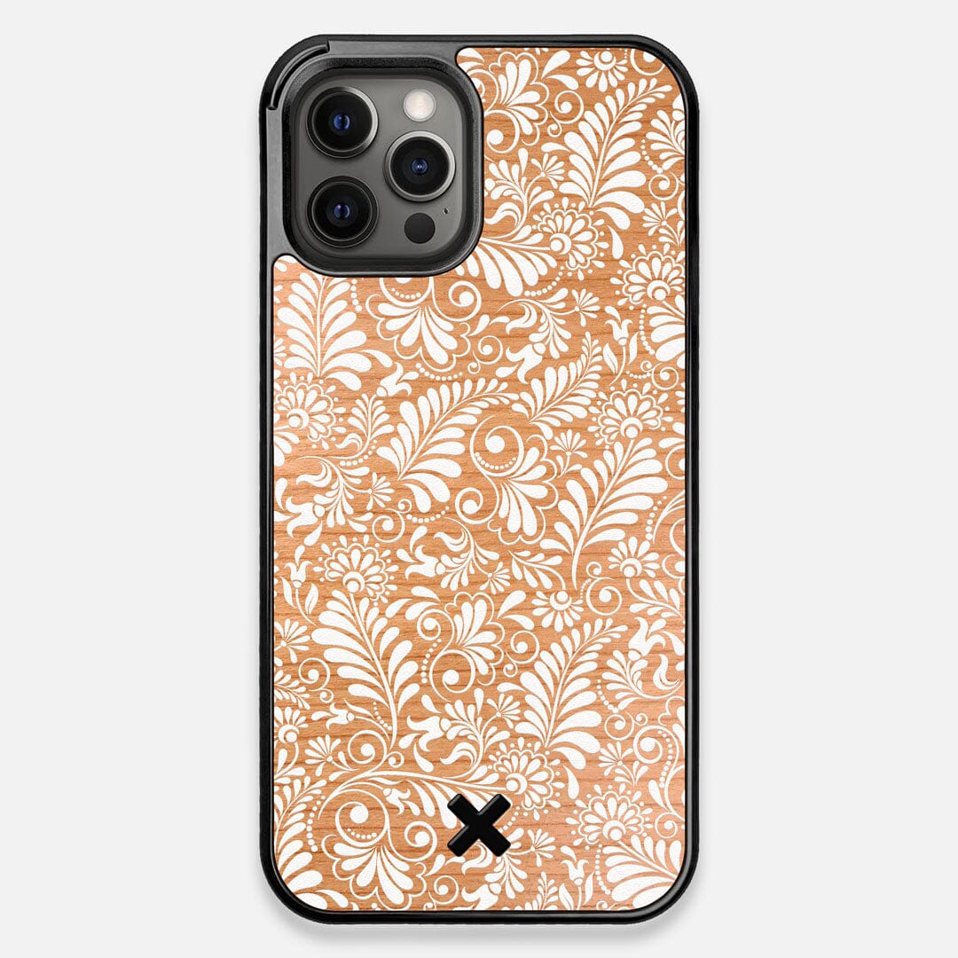Front view of the white ink flowing botanical print on Cherry wood iPhone 12 Pro Max Case by Keyway Designs