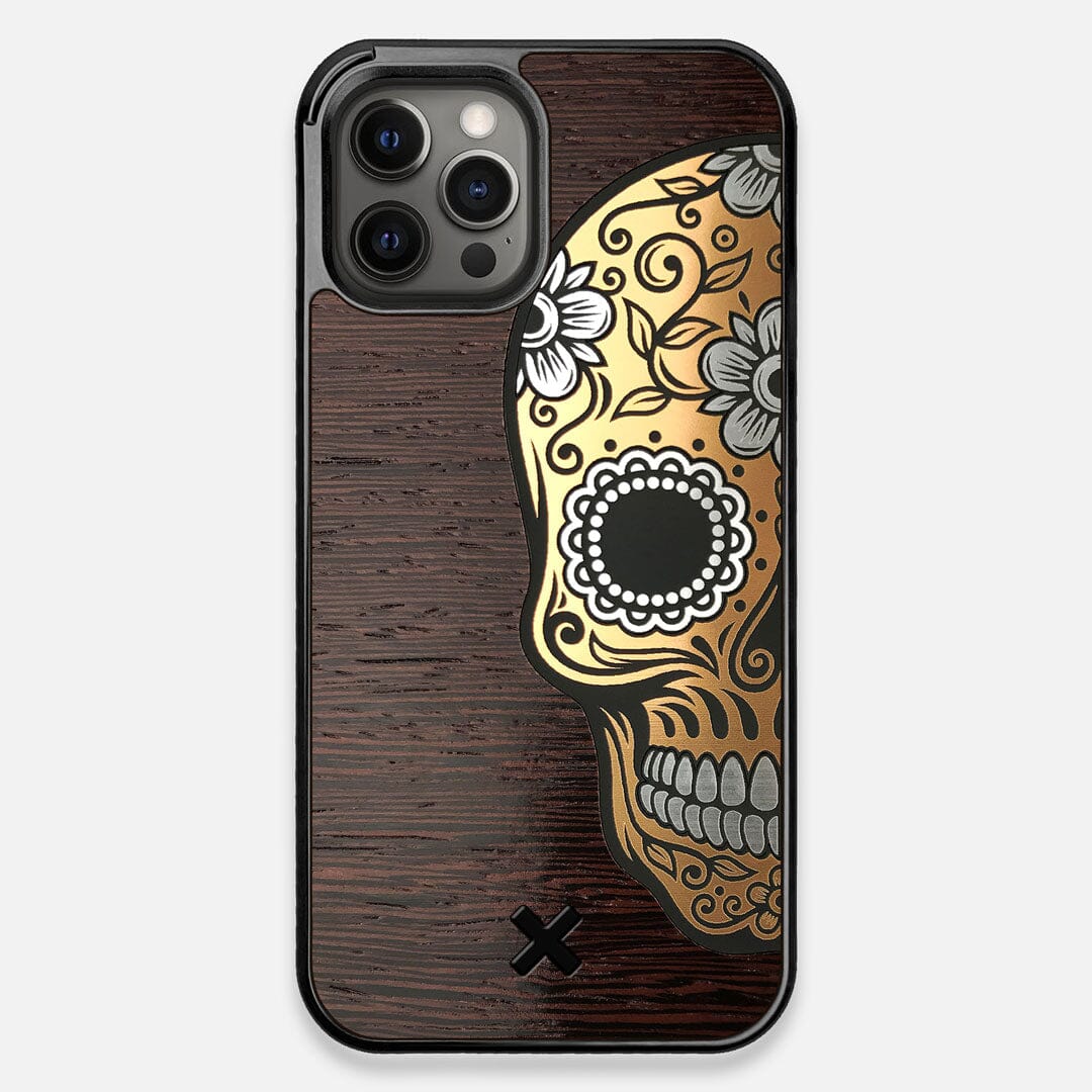 Front view of the Calavera Wood Sugar Skull Wood iPhone 12 Pro Max Case by Keyway Designs