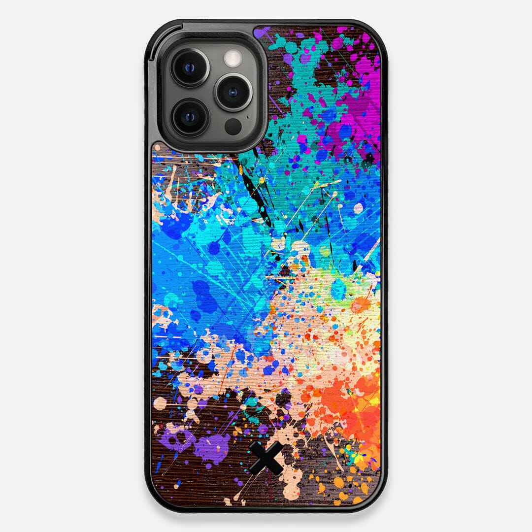Front view of the realistic paint splatter 'Chroma' printed Wenge Wood iPhone 12 Pro Max Case by Keyway Designs
