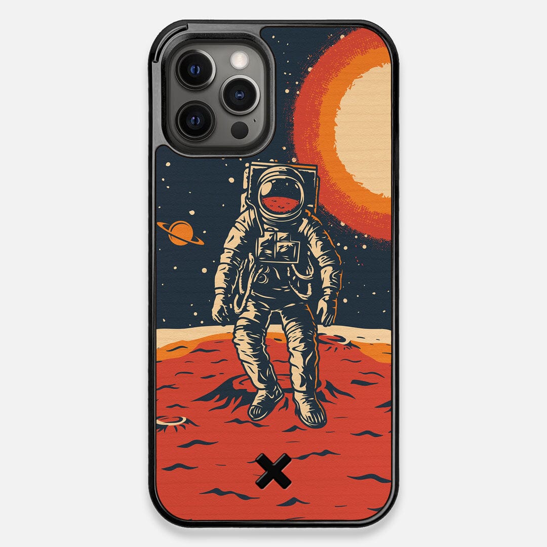 Front view of the stylized astronaut space-walk print on Cherry wood iPhone 12 Pro Max Case by Keyway Designs