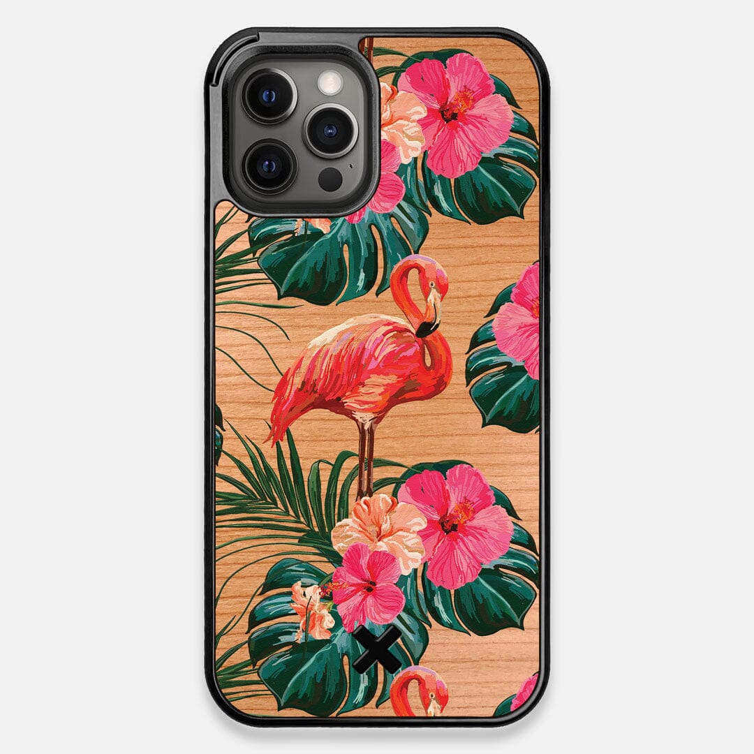 Front view of the Flamingo & Floral printed Cherry Wood iPhone 12 Pro Max Case by Keyway Designs