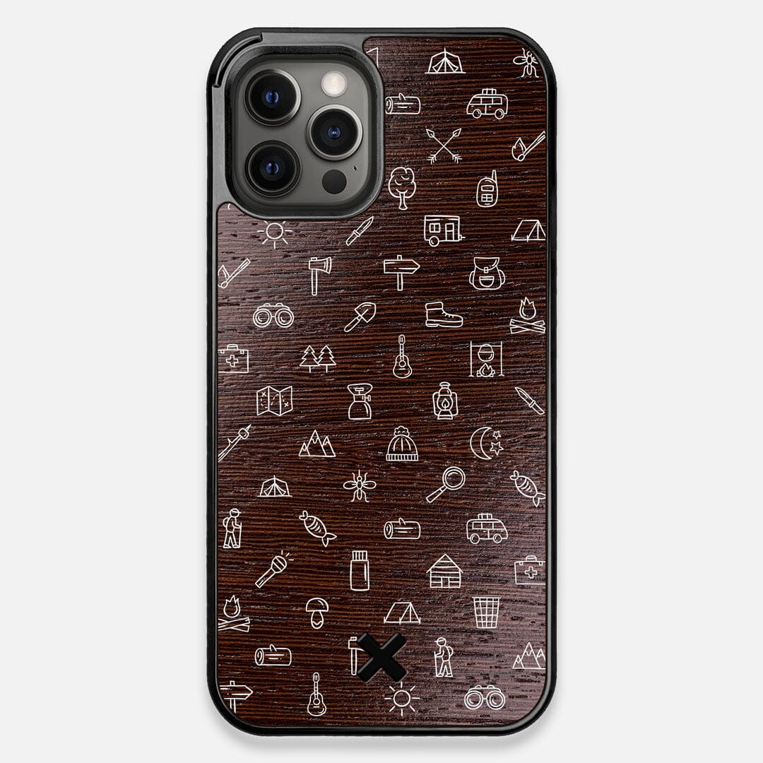 Front view of the fun detailed camping icon print on Wenge wood iPhone 12 Pro Max Case by Keyway Designs